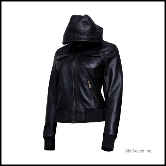 Genuine Lambskin Leather Motorcycle Jacket with Removable Hood